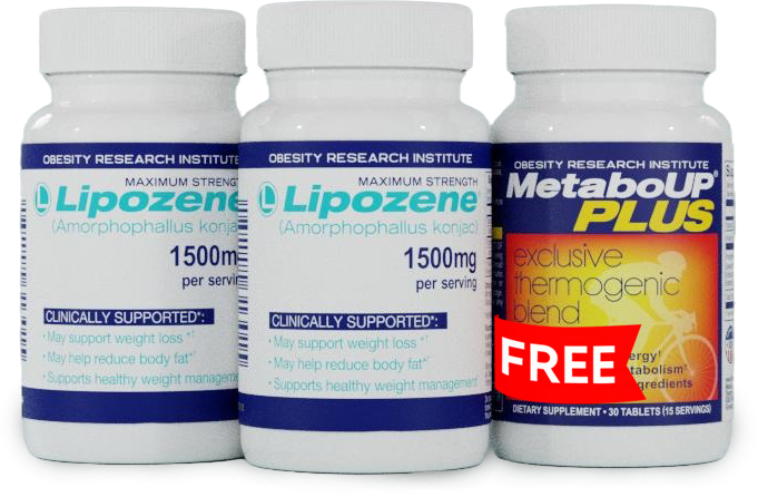 Lipozene dietary supplement bottle with a white label, blue cap, and bold text promoting weight loss support.