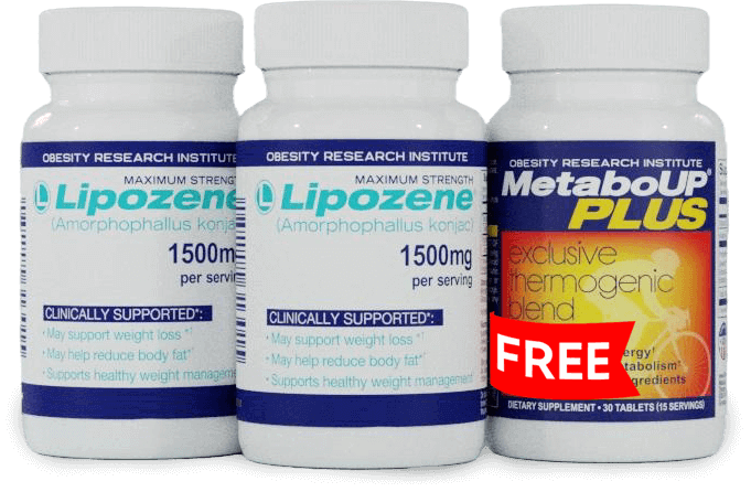 Lipozene dietary supplement bottle with a white label, blue cap, and bold text promoting weight loss support.